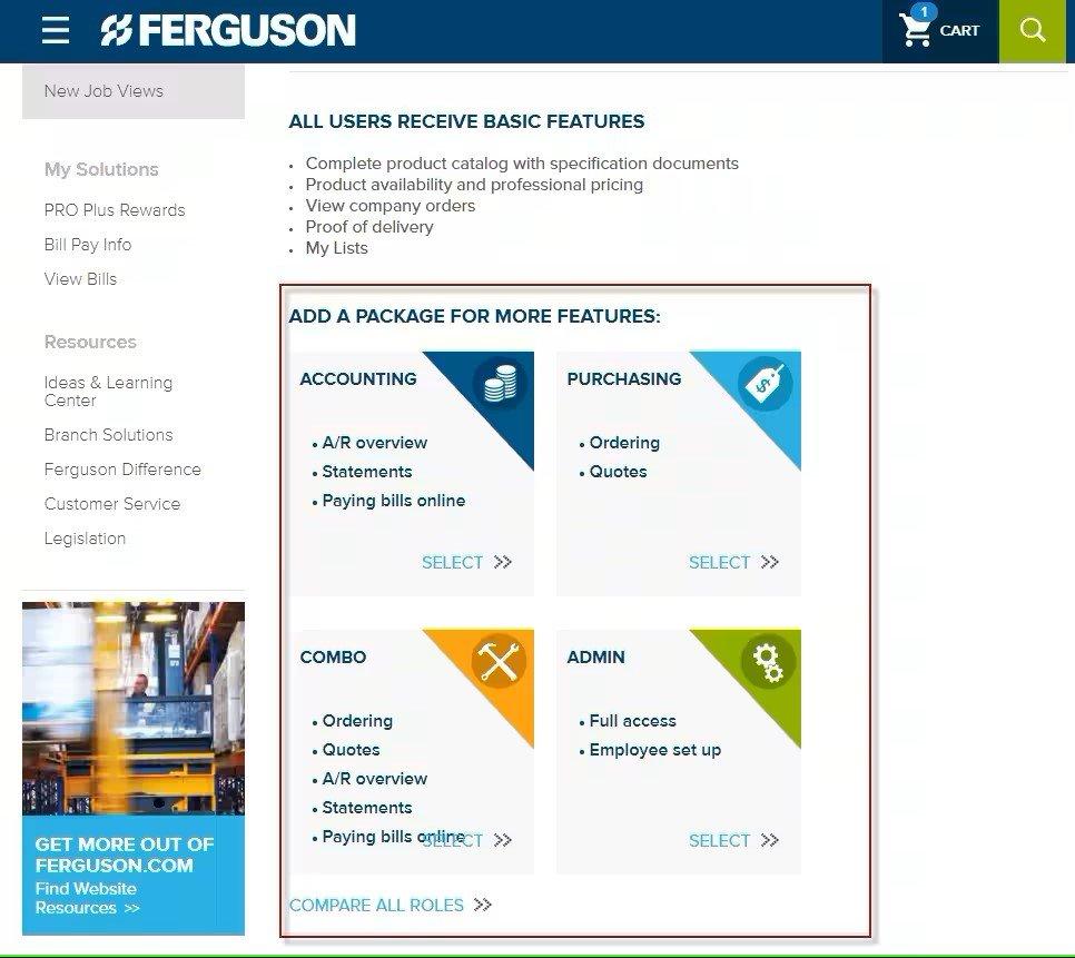Screenshot of page on ferguson.com to add a new package for more features, with the options of Accounting, Purchasing, Combo and Admin outlined in red text.
